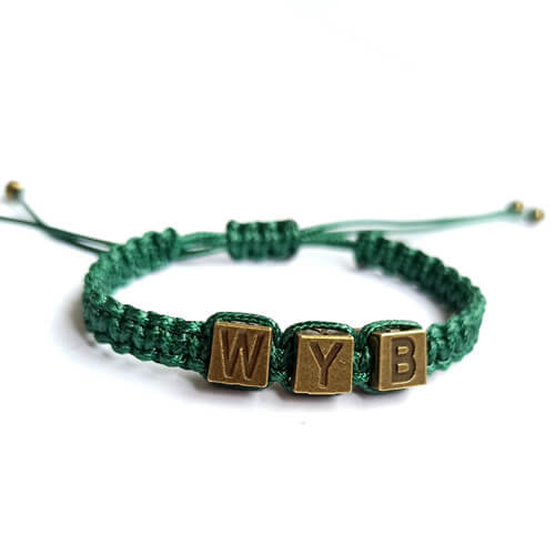Vintage style DIY gold cube initial charms for bracelets wholesale custom cuff bracelet with green braided rope made to order